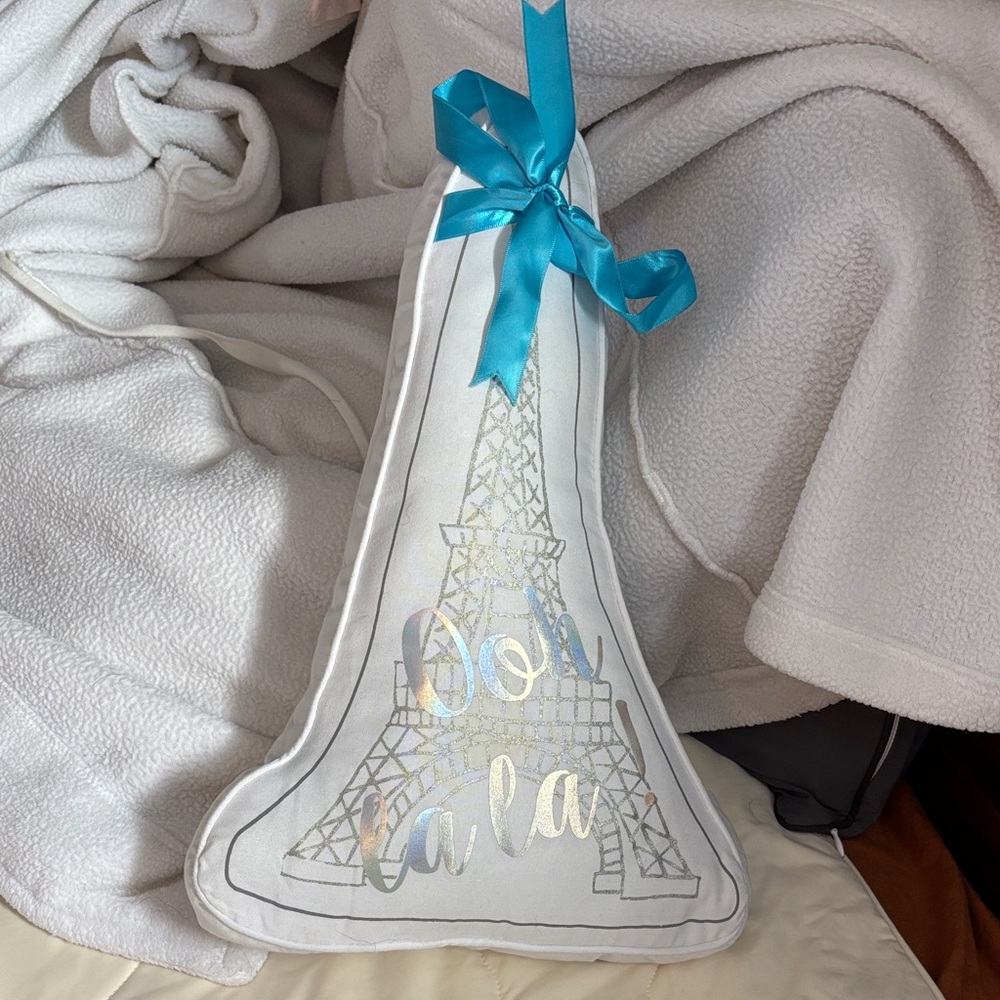 Eiffel Tower Decorative Pillow with Blue Bow - Picture 3 of 3